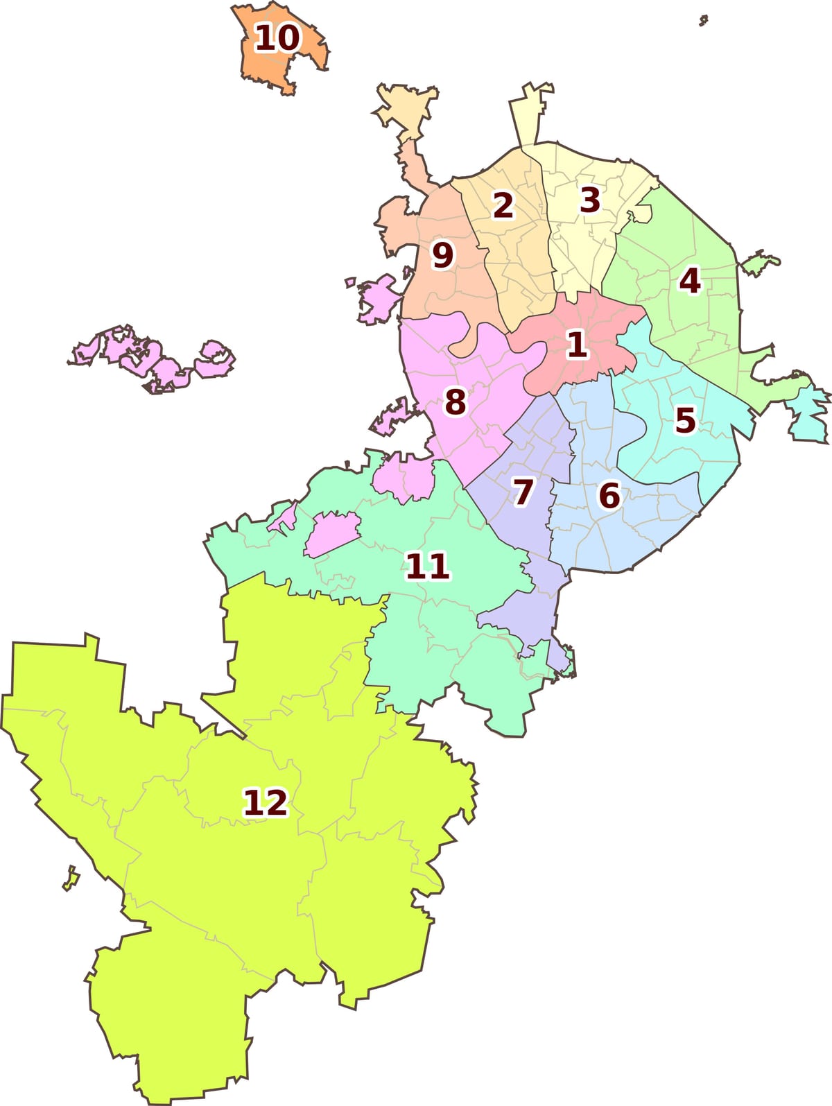 Karte der Stadtviertel, Bezirke und Stadtteile von Moskau