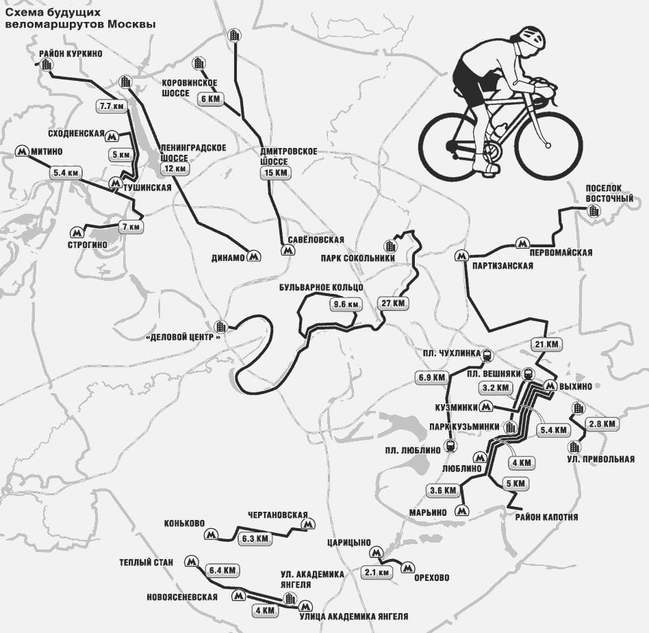 Karte der Radrouten, Radwege und Radfahrstreifen in Moskau
